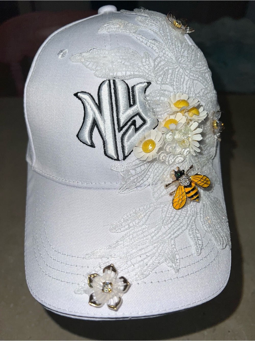 White NY Floral Bee Embellished Baseball Cap